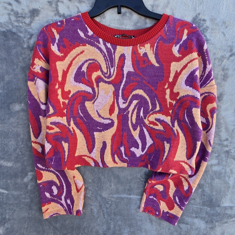 Zara Women's Small Jacquard Knit Swirl Pink‎ Print Crop Sweater Blogger Favorite